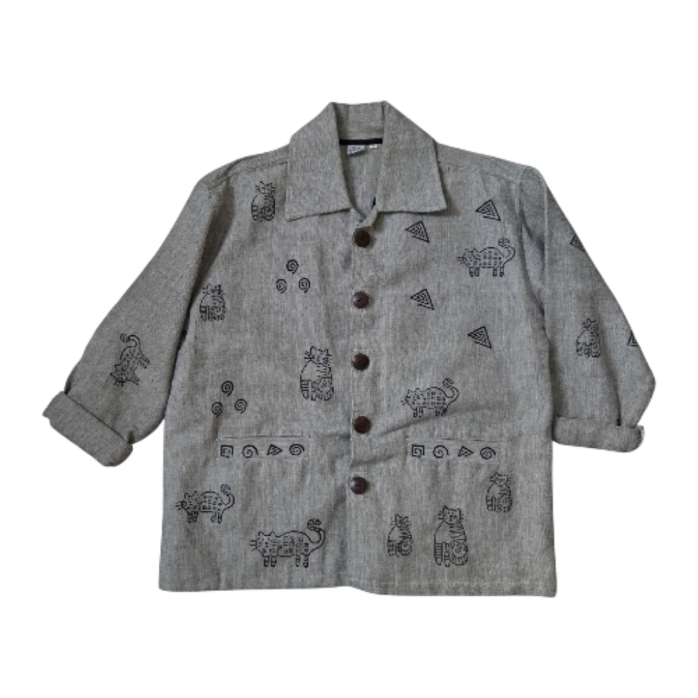 Venus Imports Jacket Womens Large Gray Cotton Cat Print Fair Trade Nepal NWOT